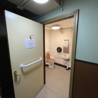 Door to accessible toilet opened to view inside