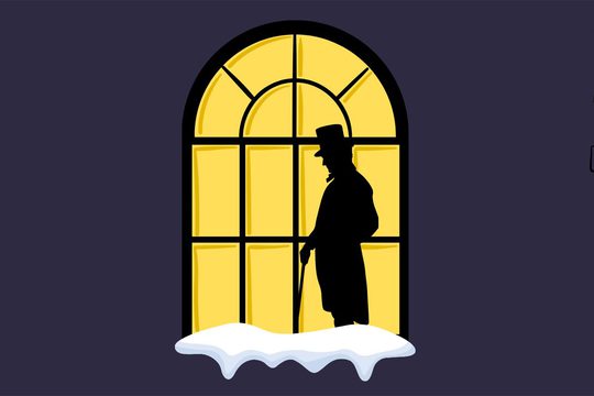 The silhouette of Ebeneezer Scrooge in a window lit up yellow.