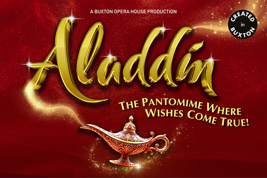 A gold lamp with sparkles coming out of it on a red background.