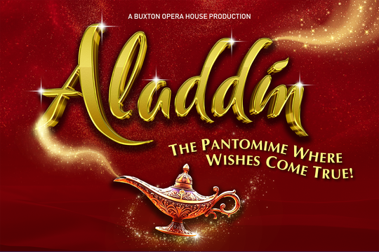 A gold lamp with sparkles coming out of it on a red background.