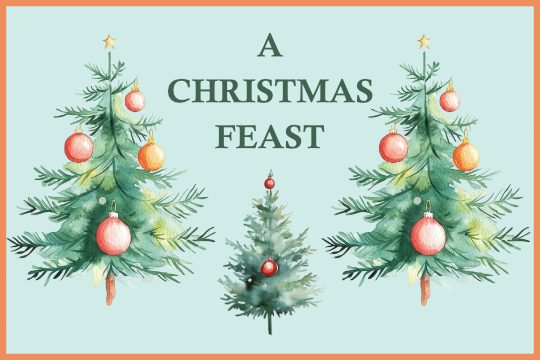 Watercolour paintings of Christmas trees with red and orange baubles.