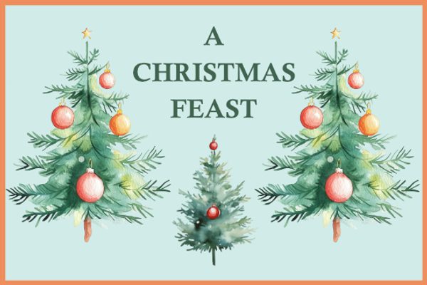 Watercolour paintings of Christmas trees with red and orange baubles.