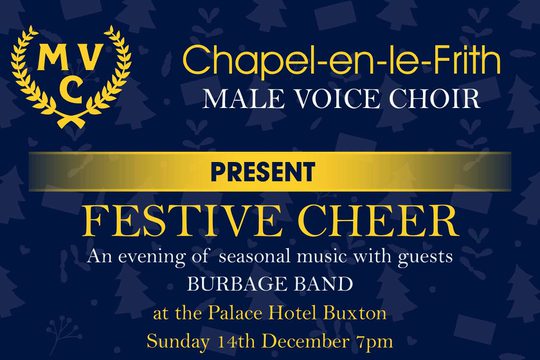 A blue background with Christmas trees on it, with yellow writing detailing the show title.