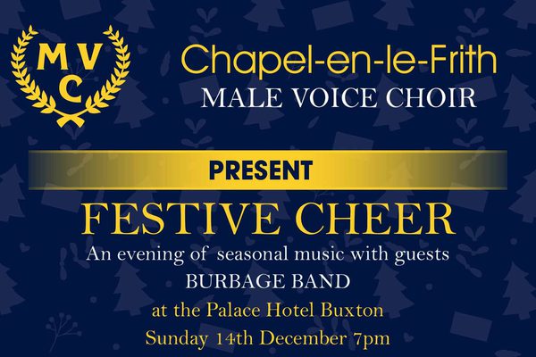 A blue background with Christmas trees on it, with yellow writing detailing the show title.