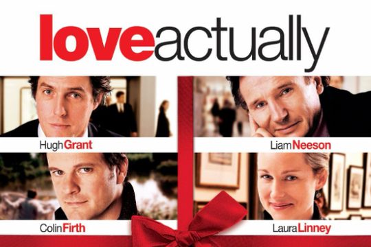 Images of Hugh Grant, Liam Neeson, Colin Firth, and Laura Linney. There is also a red bow.