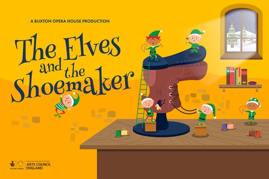 Elves wearing green and red fixing a brown boot.