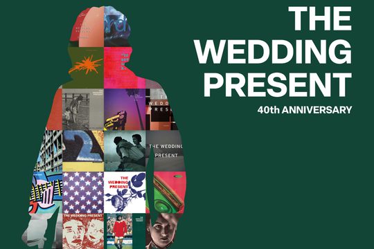 A silhouette filled with album cover artwork on a dark green background.