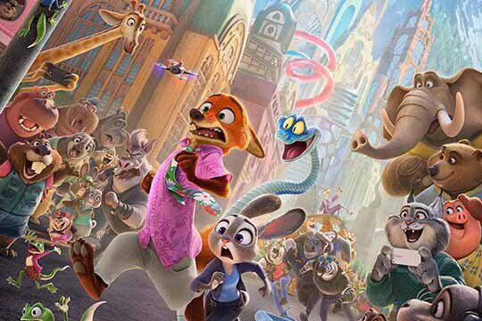 A busy image of lots of different animals in a city. The main focus is of a blue snake chasing a fox and a rabbit.