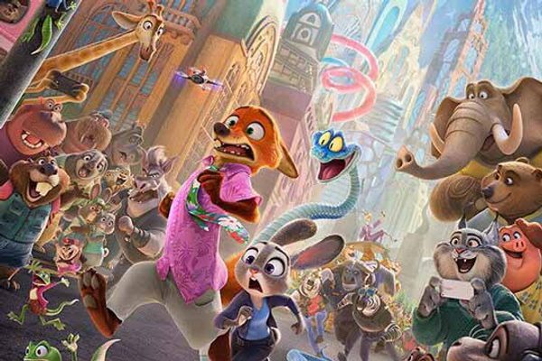 A busy image of lots of different animals in a city. The main focus is of a blue snake chasing a fox and a rabbit.