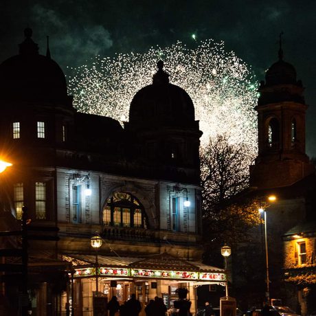 A white and gold firework above Buxton Opera House