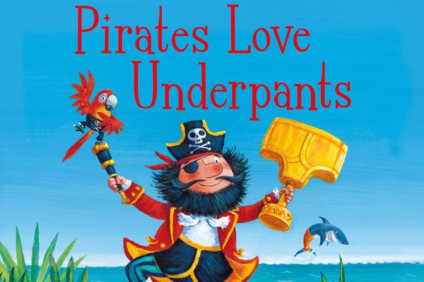 Show title banner, drawing o a pirate jumping for joy holding a trophy shaped like a golden pair of underpants.