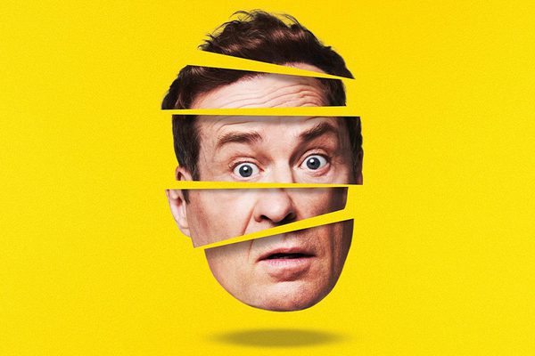 Ardal O'Hanlon's head sliced horizontally into 5 pieces, on a bright yellow background.