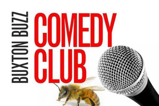 Text that says "Buxton Buzz Comedy Club" next to an image of a bee and a microphone.