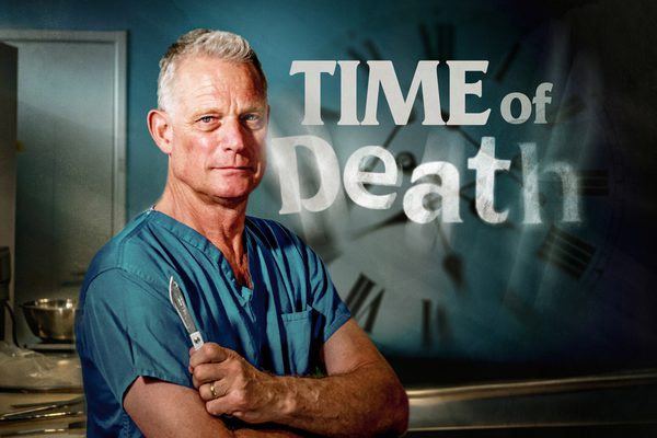 A man standing in blue scrubs holding a scalpel, next to text that says "Time of Death".