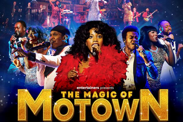 Golden text that reads "The Magic of Motown" next to images of various people in colourful costume singing.