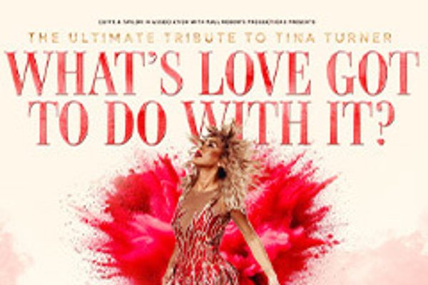 A lady in a red and gold outfit standing in front of a pink heart.