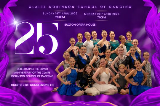 A dance troupe in sparkly outfits on a purple background.