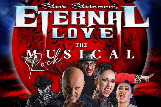 Vampires standing in front of a red moon, surrounded by bats.