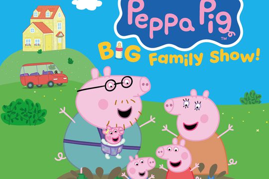 Peppa Pig characters jumping in a muddy puddle.