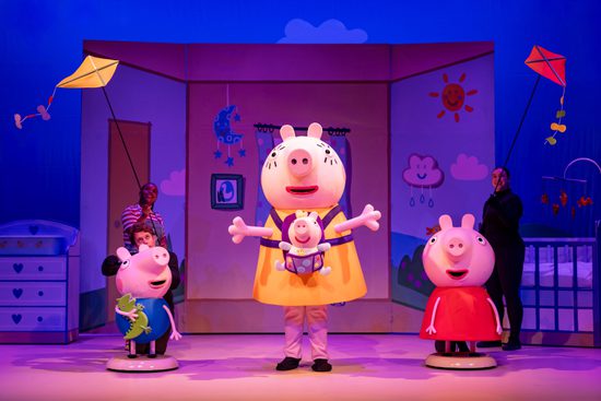 Peppa pig, Mummy pig, George and baby Evie are in a bedroom with Kite's above their heads.