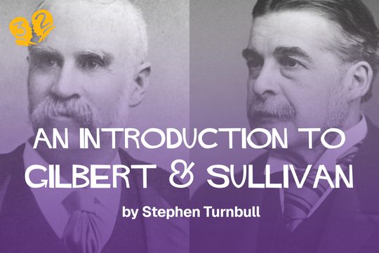 Black and white photographs of Gilbert and Sullivan with a purple hue over them.