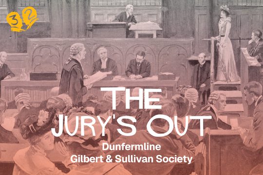 A painted depiction of a courtroom.