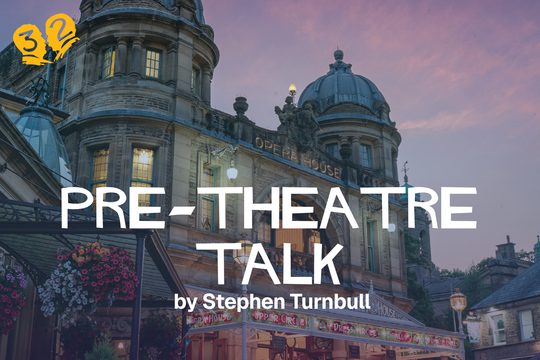 Buxton Opera House with a pink and purple sunset behind it.