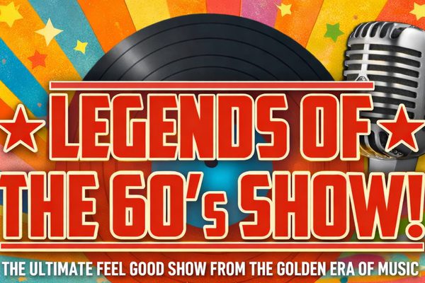 Red writing that reads Legends of the 60s Show on a multicoloured background with a vinyl record and microphone.