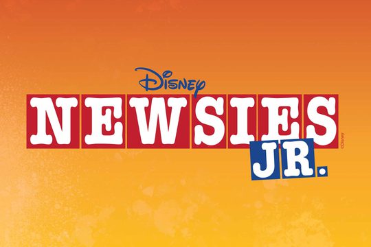 Newsies JR. logo on a orange to yellow gradient background.