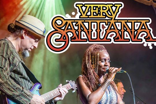 A man in a green and brown striped shirt wearing a straw hat playing the guitar. He is on stage with a woman wearing a blue and silver dress, and she is singing into a microphone.