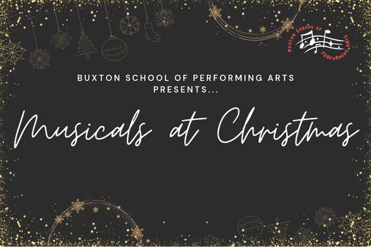 A black background with gold outlines of Christmas decorations and white, cursive writing that says Musicals at Christmas.