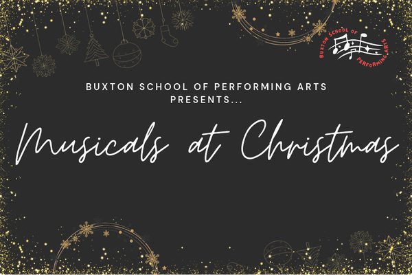 A black background with gold outlines of Christmas decorations and white, cursive writing that says Musicals at Christmas.
