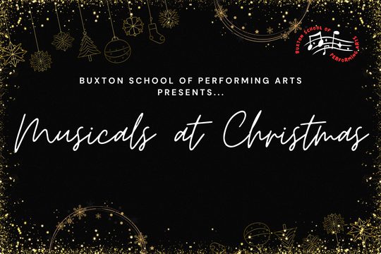 A black background with gold outlines of Christmas decorations and white, cursive writing that says Musicals at Christmas.