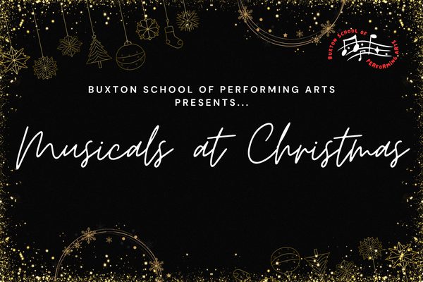A black background with gold outlines of Christmas decorations and white, cursive writing that says Musicals at Christmas.
