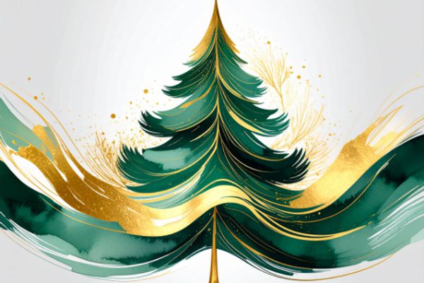 Illustration of a Christmas tree with gold around it.
