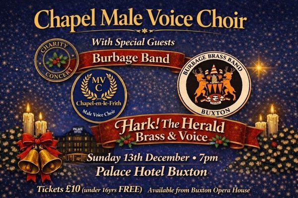 A dark blue starry background with gold text: Chapel Male Voice Choir.