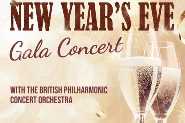 Two glasses of champagne on a gold sparkly background. Text: New Year's Eve Gala Concert.