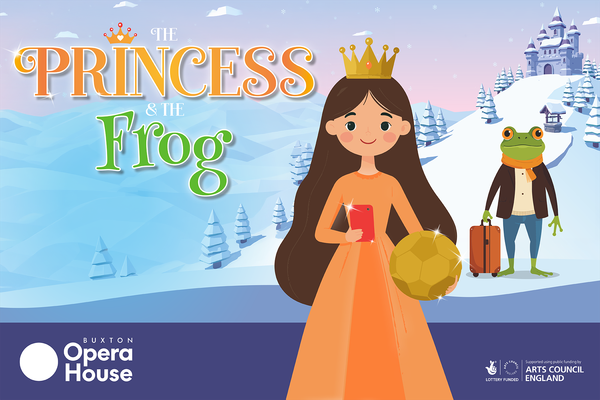 A cartoon of a snowy landscape with a castle on a hill. In the foreground there is a frog wearing an orange scarf and brown jacket, carrying a suitcase. There is also a princess in an orange dress wearing a gold crown. She is holding a gold football and a red phone.