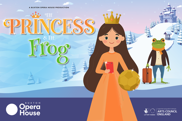 Cartoon of a princess in an orange dress holding a red phone and a golden football. Behind her is a frog wearing a brown jacket and orange scarf holding a suitcase. The background is a castle on a snowy hill.
