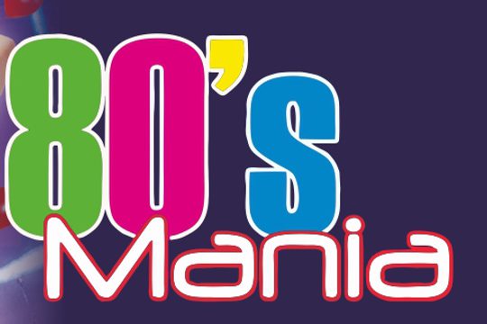 Neon multicoloured text that says "80s Mania".