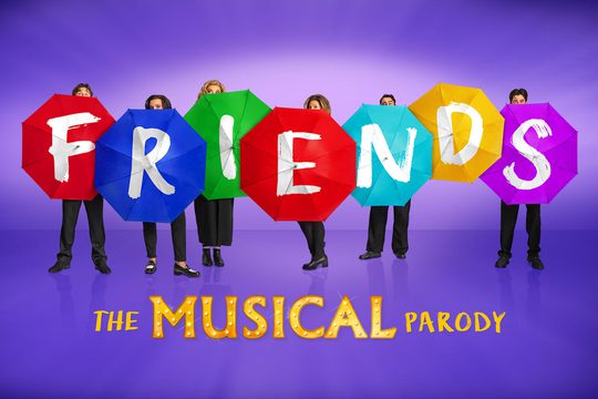 Six people holding colourful umbrellas in front of them, each with a letter of the word "Friends" on it.