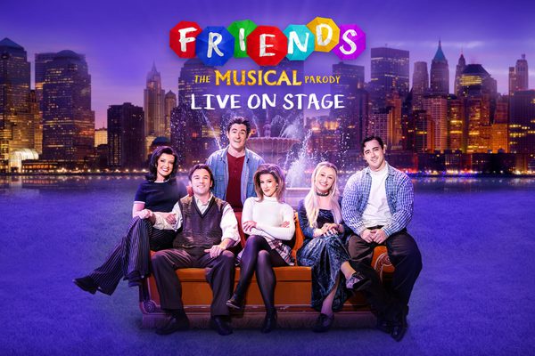 Six people holding colourful umbrellas in front of them, each with a letter of the word "Friends" on it.