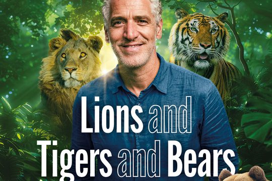 Gordon Buchanan in a jungle, surrounded by images of a lion, a tiger, and a bear.