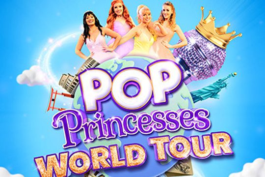 Four princesses standing next to a cartoon image of a globe and aeroplane.