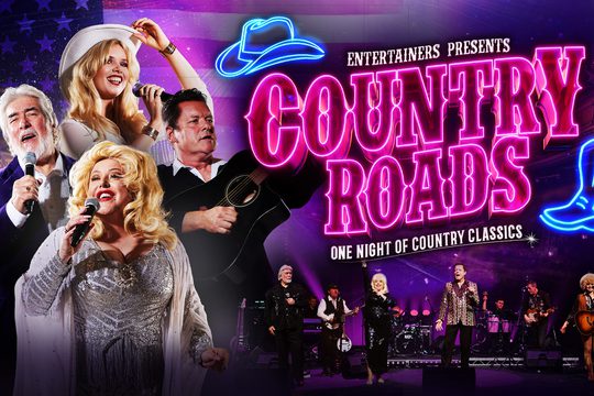 Promotional banner for "Country Roads" Showing four Performers next to a neon graphic of show title