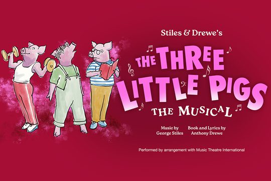 Drawing of three pigs all doing different activities: lifting weights, reading a book and singing