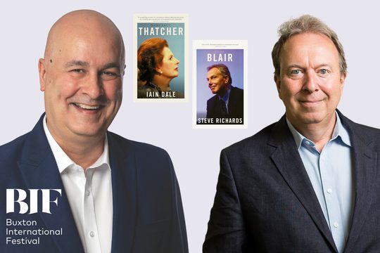 Two older, white men wearing smart suits and smiling. Next to them are books with the titles "Margaret Thatcher" and "Tony Blair".