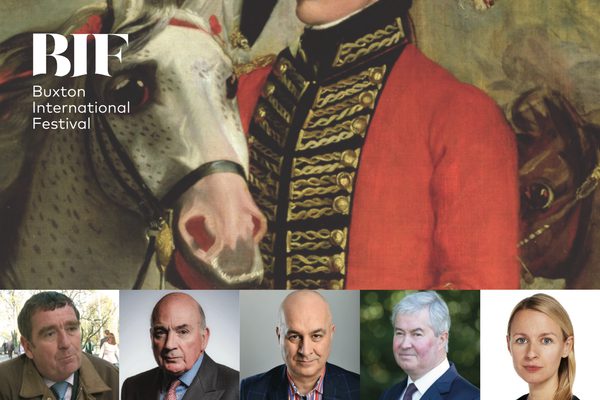 Six people, four men in shirts and ties and a woman with long, blonde hair against a painting of a white horse and soldier.