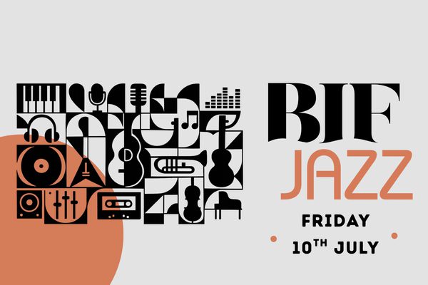 A collage of black and white drawings of different musical instruments and music-related items, such as microphones, headphones, and vinyl records.