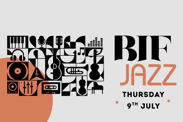 A collage of black and white drawings of different musical instruments and music-related items, such as microphones, headphones, and vinyl records.